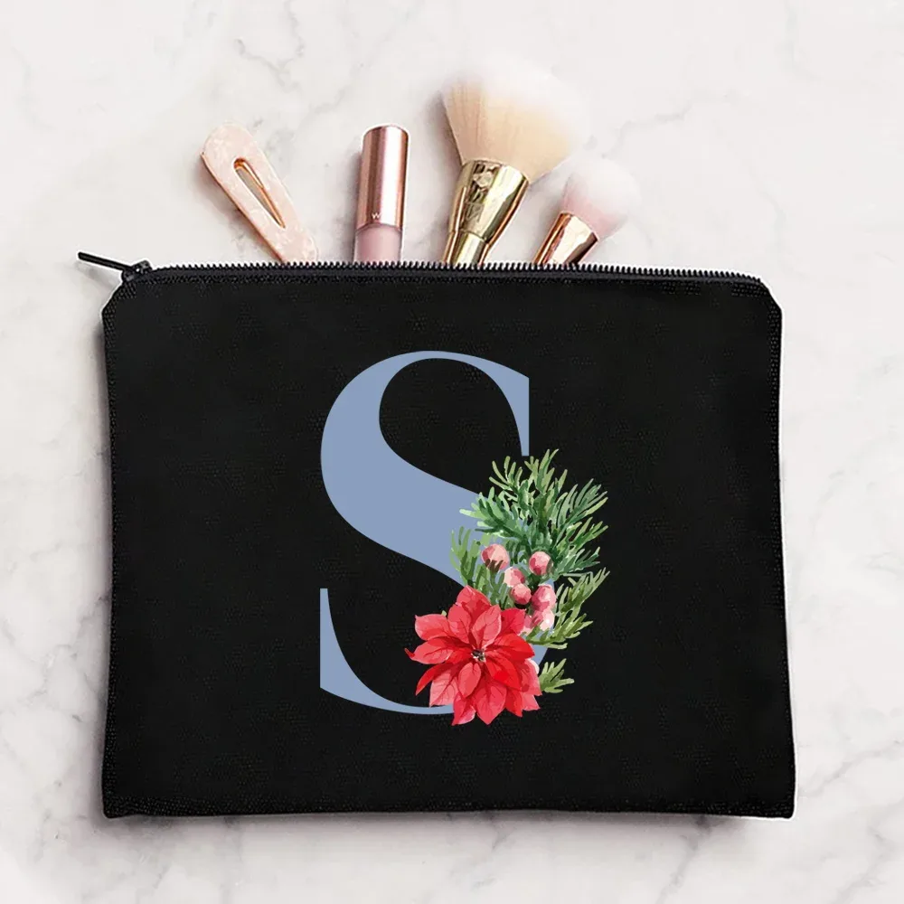 sac à cosmétiques en tissu pour femmes, pochette de maquillage, sac de voyage, rouge à lèvres, étuis de rangement, pochette à fermeture éclair, porte-monnaie de téléphone, initiales bleues imprimées