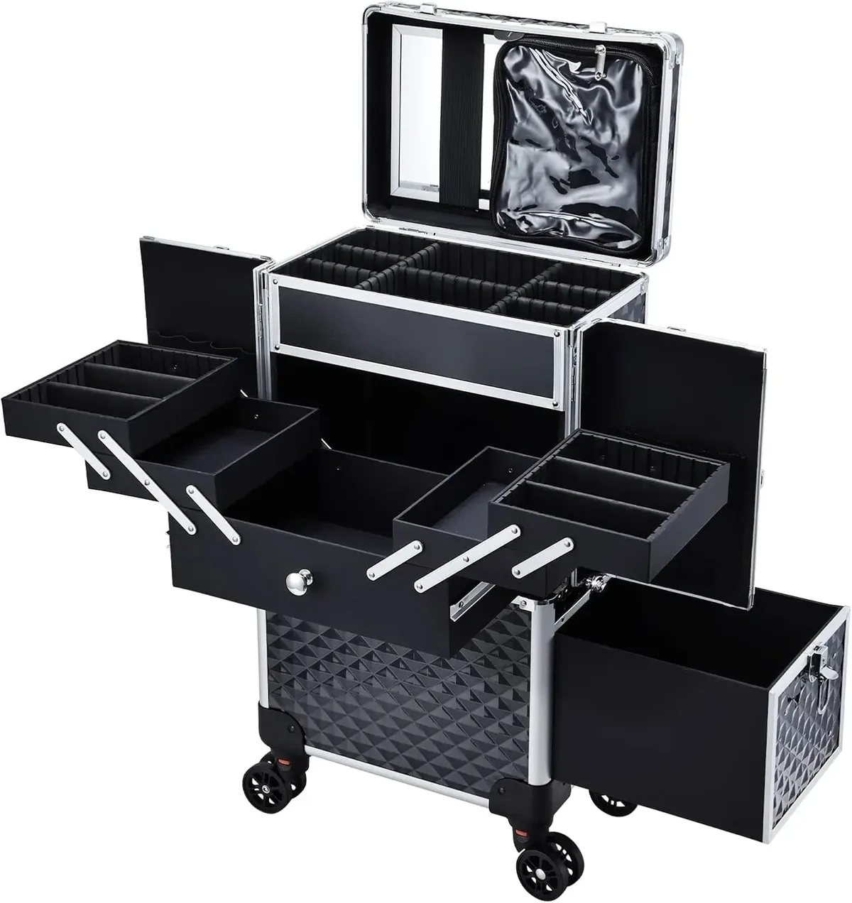 trolley de maquillage professionnel à roulettes avec grand tiroir profond et 4 plateaux, chariot de maquillage roulant, valise pour tatoueurs, barbiers et ongleries, station de maquillage, valise de cosmétologie à roulettes, table de manucure roulante