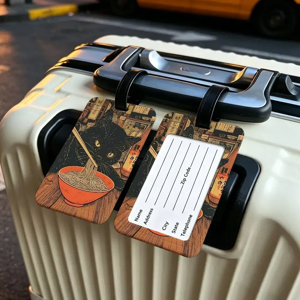 chat japonais mangeant des nouilles, étui pour carte d'information en toile imperméable, étiquette de bagage en pvc, identifiant anti-perte pour valise et sac à main
