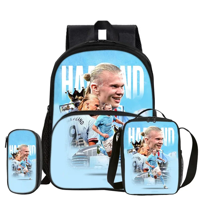 sac dos nylon bleu motifs football erling haaland grand bandoulière arquée sac déjeuner pochette enfant usage voyage