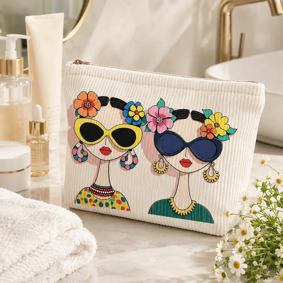 sac cosmétique en velours côtelé imprimé pour femmes, grande trousse à maquillage à fermeture éclair pour les voyages, les articles de toilette, le rangement de produits de beauté et l'usage quotidien