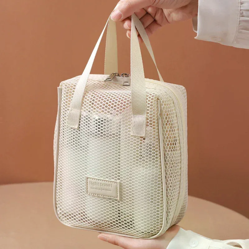 sac de rangement de maquillage et de toilette en maille, sacs à main portables de voyage, lavage du corps, outils de douche, organisateur suspendu, pochette de rangement de cosmétiques