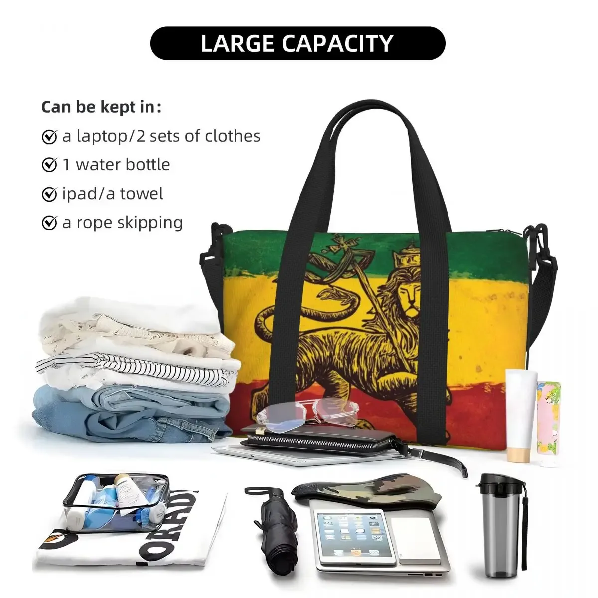 grand sac fourre-tout personnalisé rasta feel discuter of judah pour femme, jamaica rastafarian reggae shopping initié gym beach travel bag