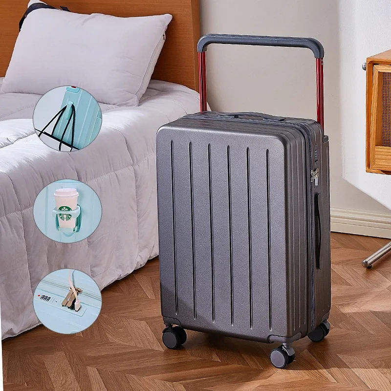 valise pc roulettes toupie poignée support tasse couleur blanche noire bleu pastel format voyage moderne design bandes verticales