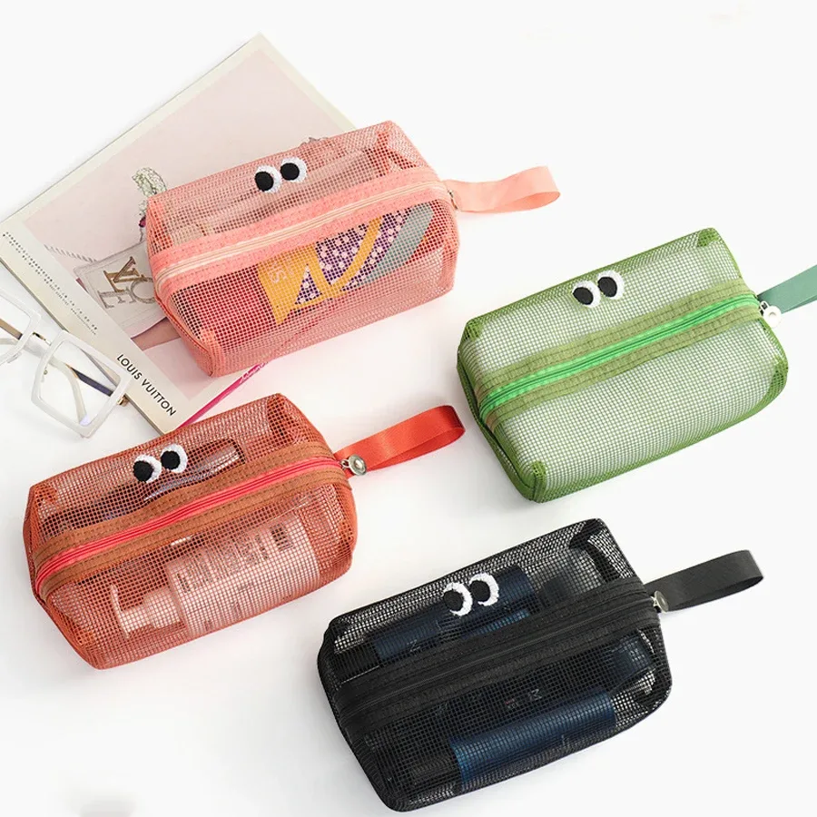 jolie trousse de toilette en maille tridimensionnelle, sac de rangement pour articles de toilette de grande capacité, sac de voyage pratique à tenir à la main