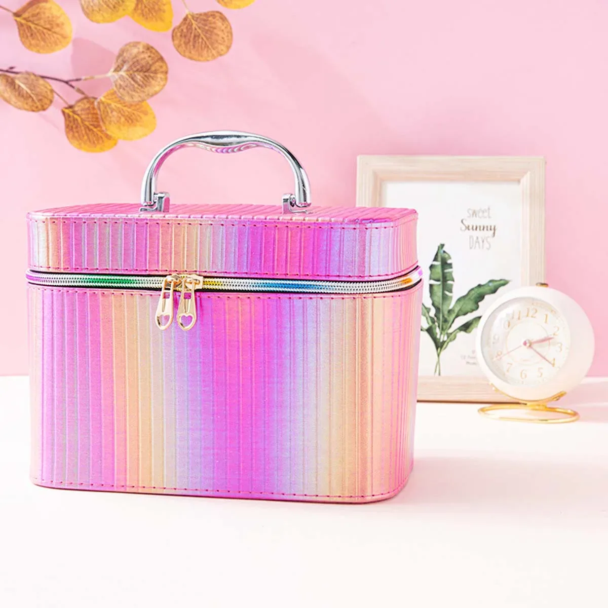 trousse de maquillage professionnelle, boîte de rangement de maquillage portable de grande capacité, mini sac de maquillage en pu portable, couleur vive