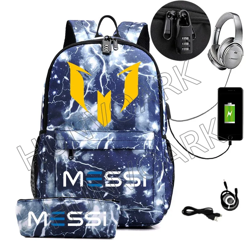 messi-sac à dos étanche avec chargeur usb, sac à dos de voyage décontracté, grande capacité, sacs d'école pour ordinateur portable, hommes et femmes
