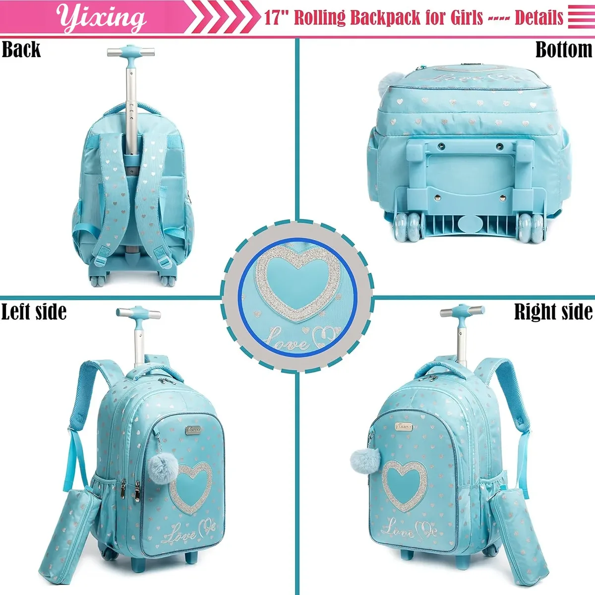 sac dos polyester toile dessin animé bleu pastel coeurs dorés love scolaire transport voyage filles