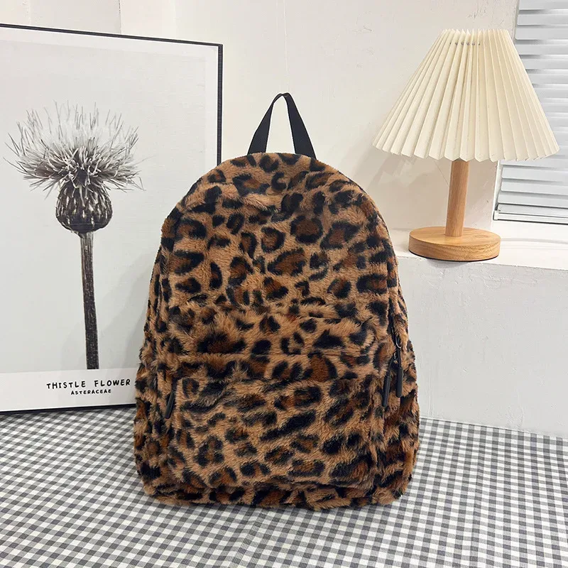 sac à dos léopard en peluche, sac d'école pour adolescents, grande capacité, mode étudiants, sac à dos élégant à bandoulière, voyage en plein air 2025