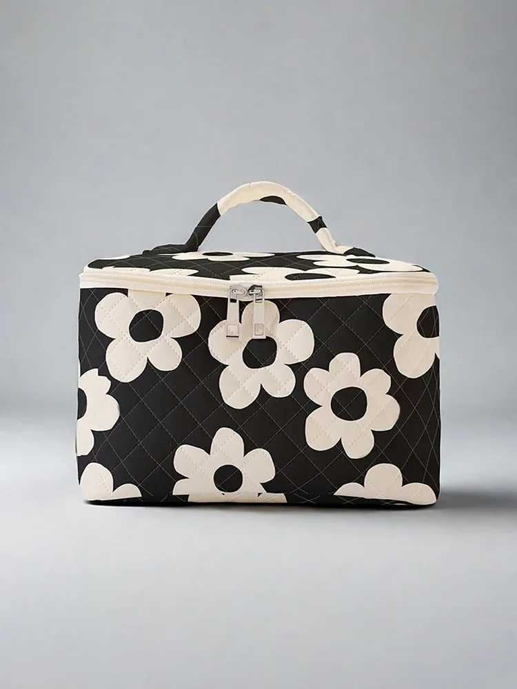 cosmétiques de voyage portables avec petits motifs de fleurs jaunes, sac de rangement de voyage de grande capacité, trousse de maquillage mignonne et élégante, 1pc