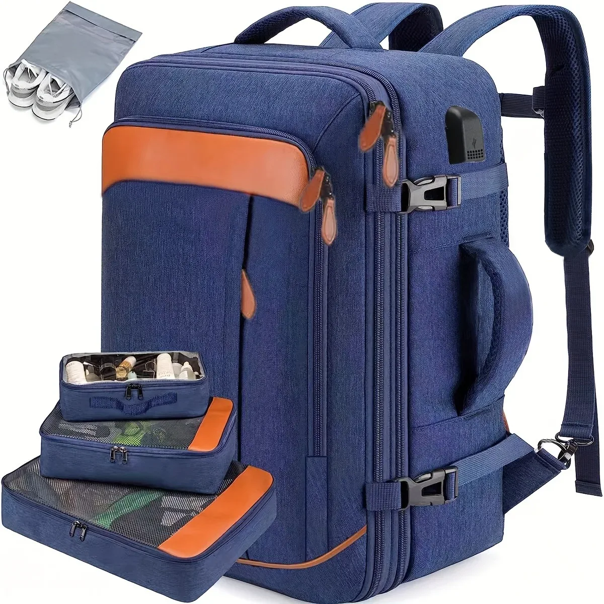 sac à dos de voyage, sac à dos de voyage approuvé par les compagnies aériennes avec 3 cubes de rangement, sac de voyage extensible de grande capacité 40l pour ordinateur portable de 17,3 pouces, anti-vol
