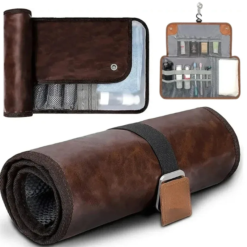 trousse de toilette suspendue pour homme en cuir pu résistant à l'eau, trousse d'hygiène personnelle universelle, trousse de toilette enroulable, essentiels de voyage
