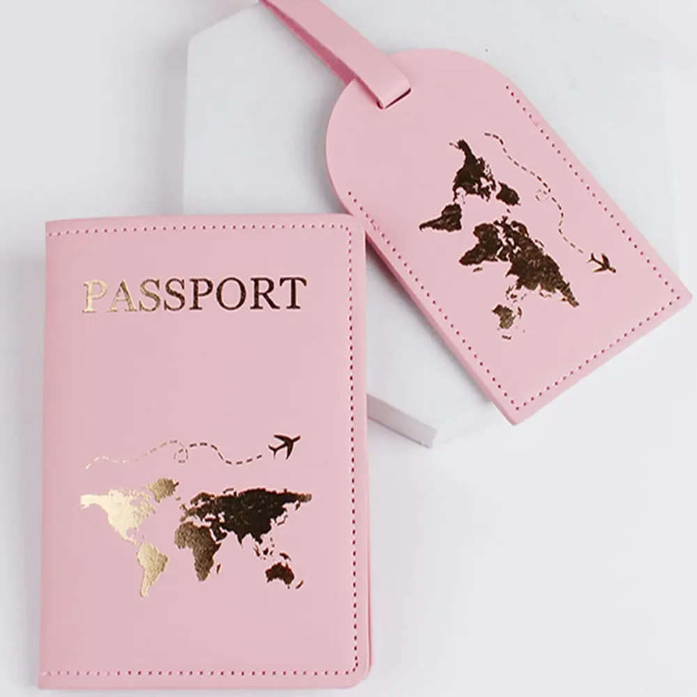 étiquette bagage cuir verni rose carte monde dorée voyage identification passeport porte nom adresse