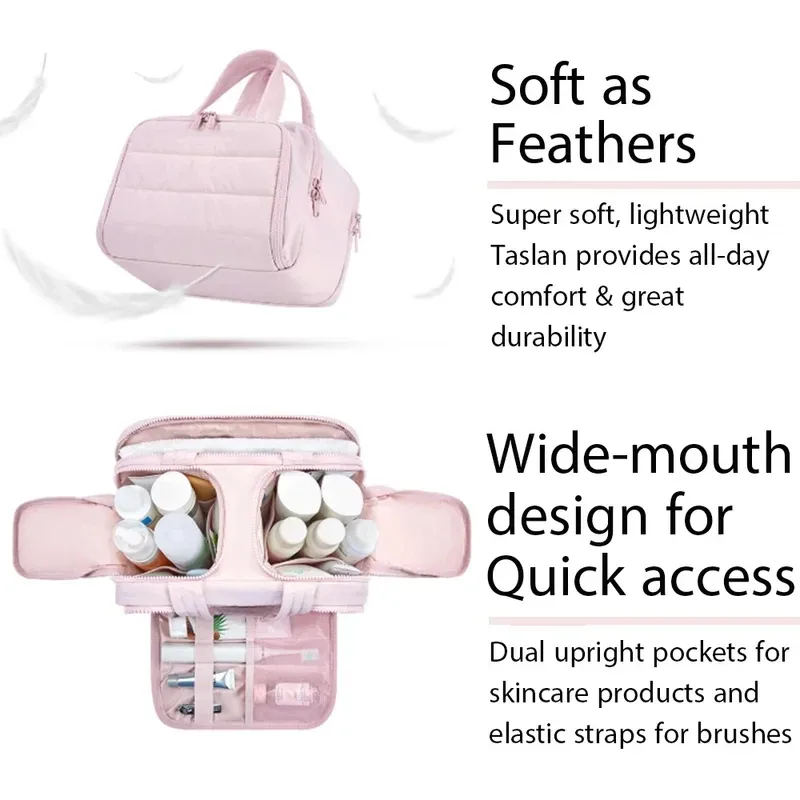 grande trousse de maquillage de voyage 180 ° organisateur de toilette à large ouverture, trousse à cosmétiques rembourrée résistante à l'eau avec poignée pour bouteilles pleines grand format
