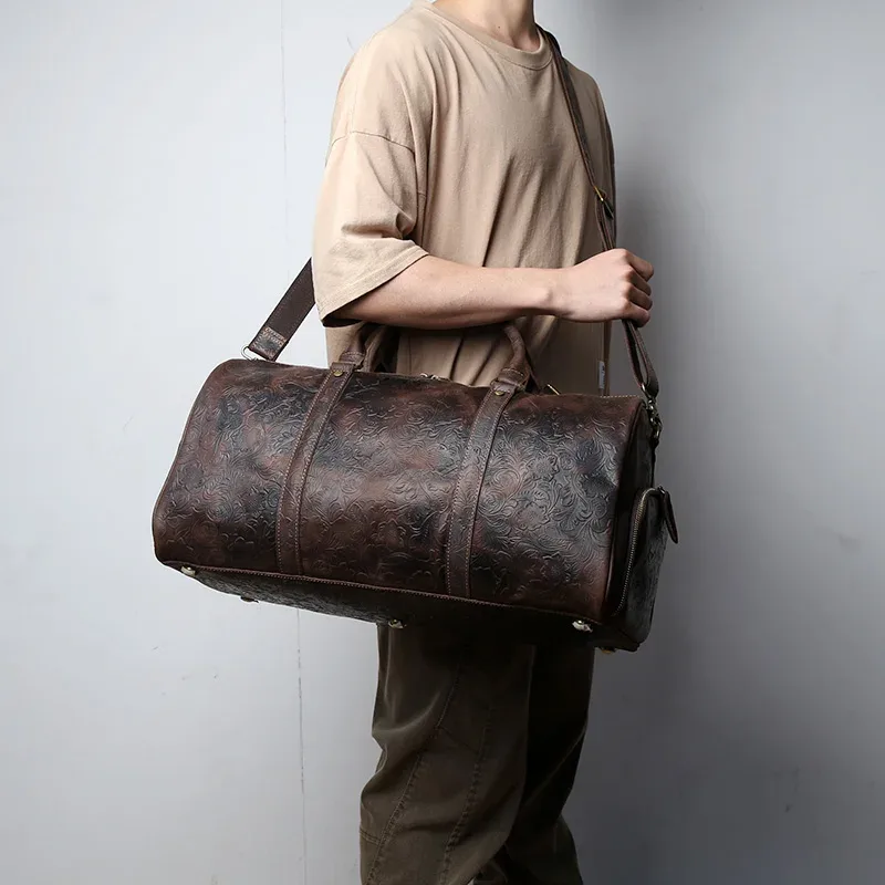 sac voyage cuir vache marron motifs floraux ovale poignée bandoulière grande capacité affaires week end sport