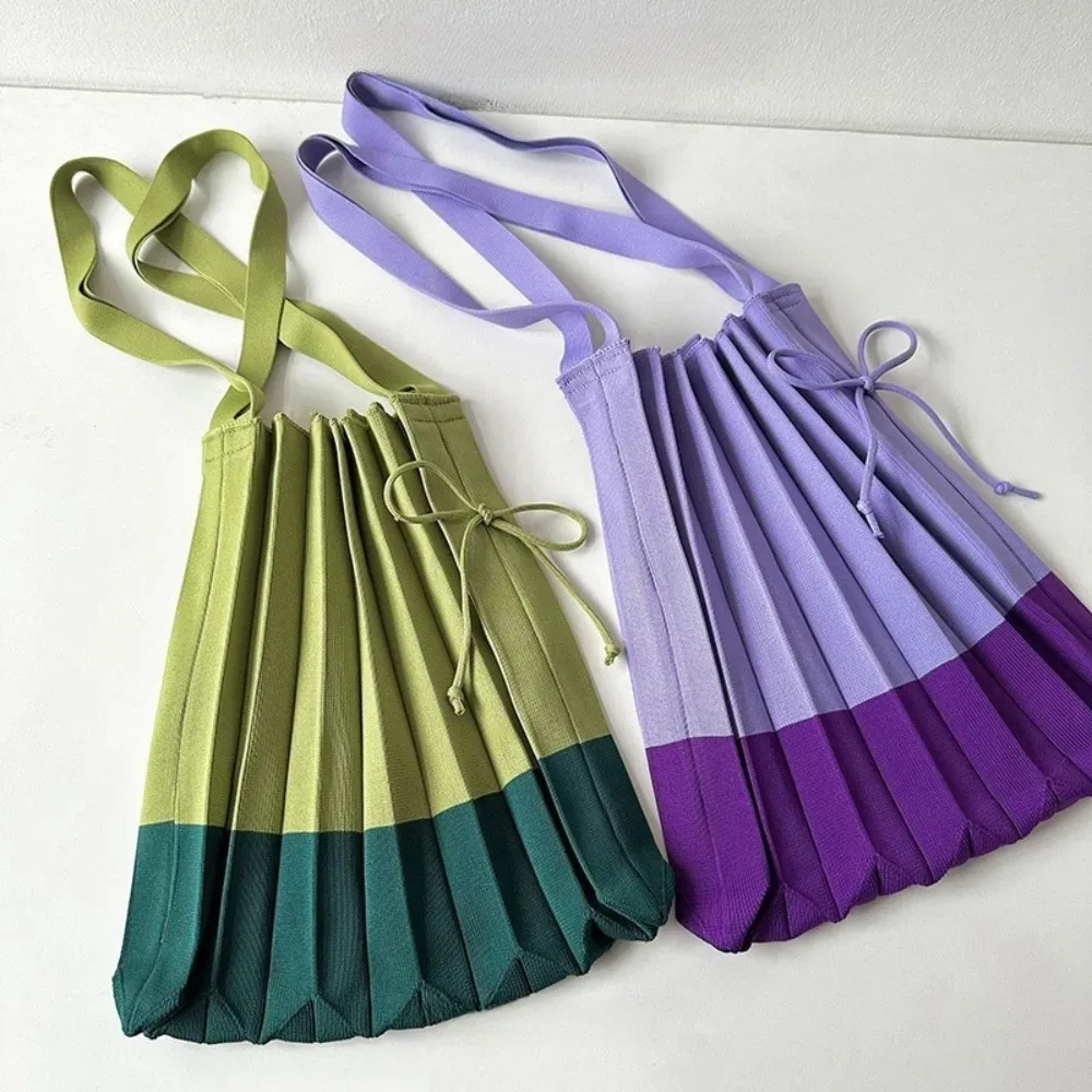 sac à main pliable en tricot, sac de shopping de grande capacité, pochette à bandoulière, sac écologique pliable, sac plissé de couleur contrastée, sac de voyage