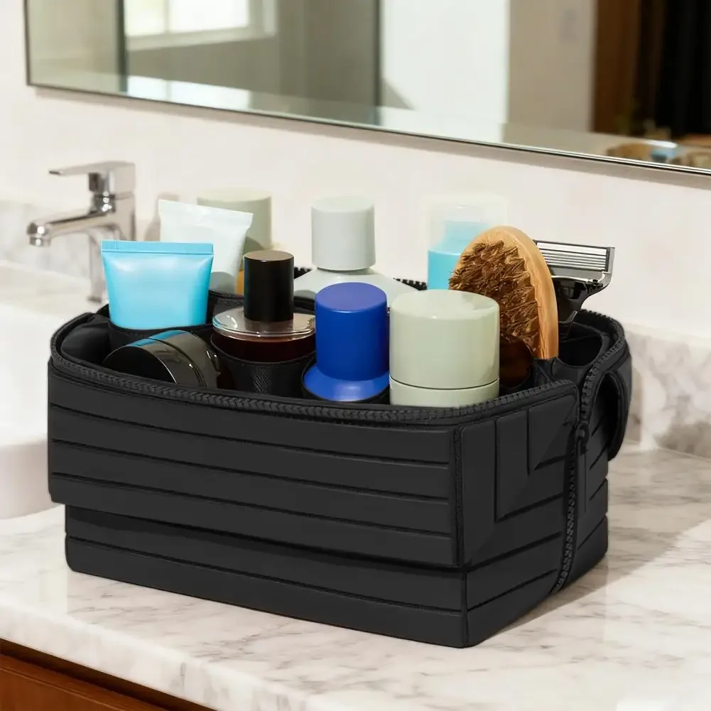trousse de maquillage de voyage pliable, grande trousse de toilette étanche, organisateur de cosmétiques suspendu avec compartiments anti-déversement pour utilisation au maquillage