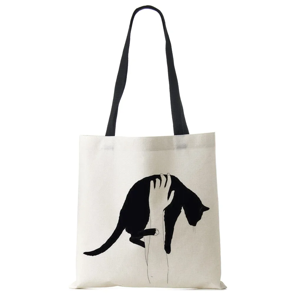 sacs fourre-tout de styliste pour femmes, sac à main écologique en tissu de lin imprimé chat noir sumi, sac à bandoulière réutilisable pour le bureau et le shopping