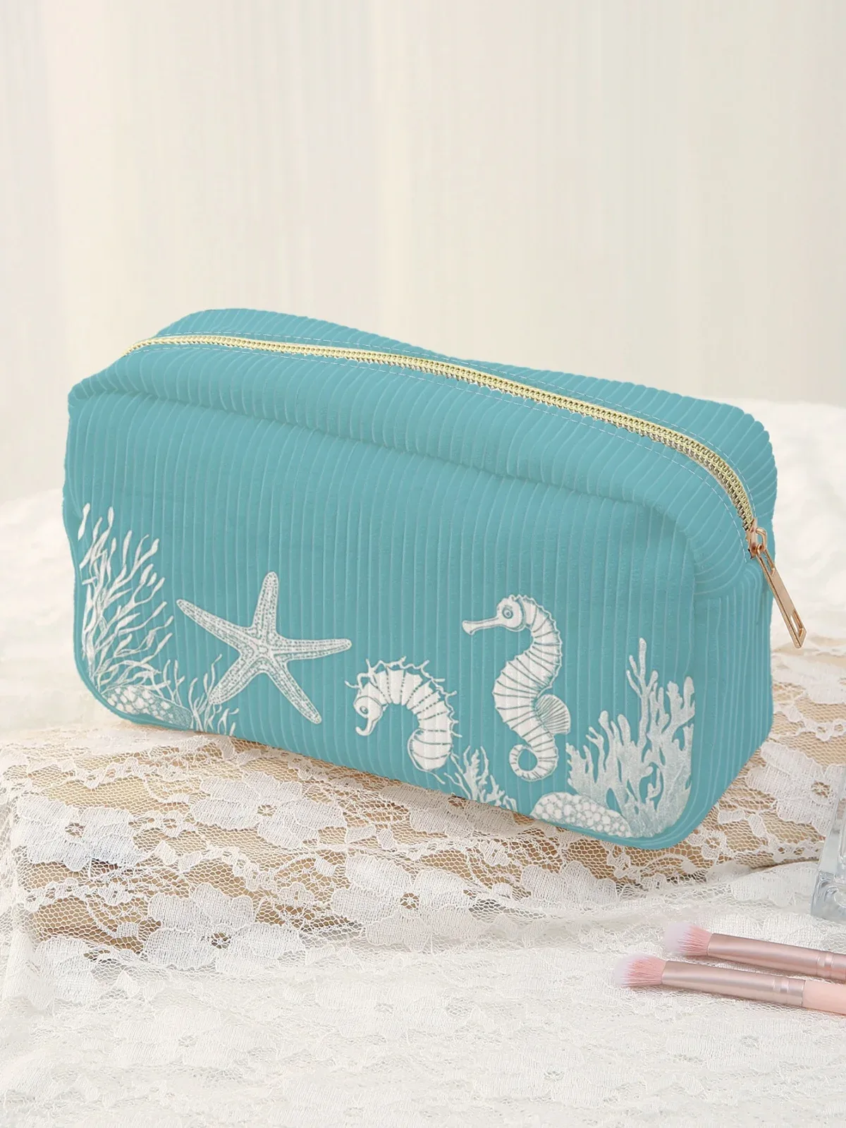 trousse de maquillage à motif vue sur la mer sous l'eau, grande capacité, trousse de toilette de voyage, sac de rangement pour maquillage femme
