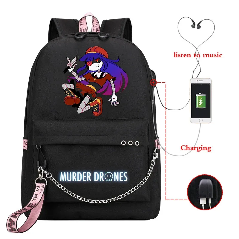 sac dos toile dessin animé personnages colorés logo murder drones chaîne métallique câble usb voyage capacité 20 35 litres