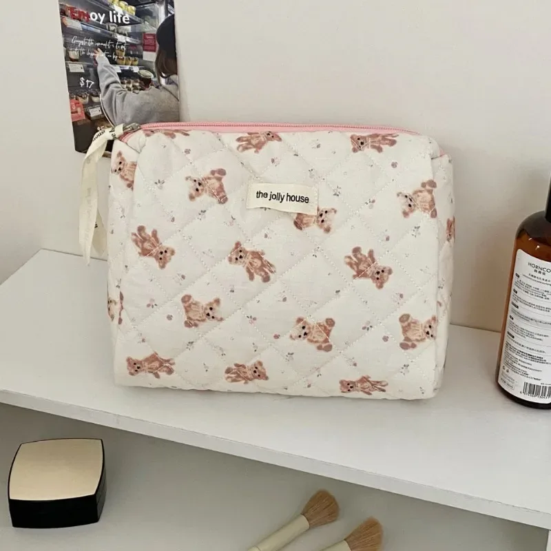 sac de maquillage ours de dessin animé pour femmes, grande capacité, mignon organisateur de voyage, pochette matelassée, sac à main de rangement de toilette pour dames