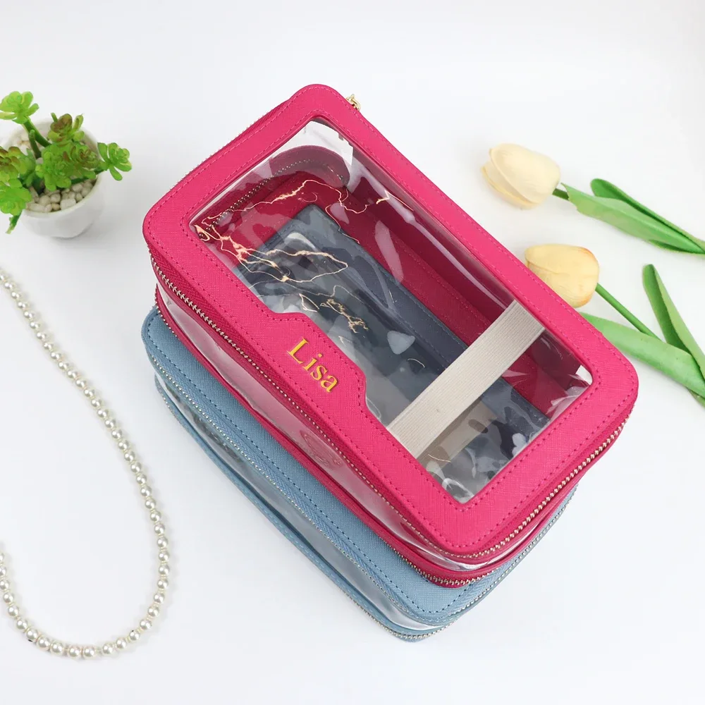 sac de toilette en cuir pu + tpu transparent avec nom personnalisé, trousse de maquillage portable de voyage, sac de rangement étanche de grande capacité