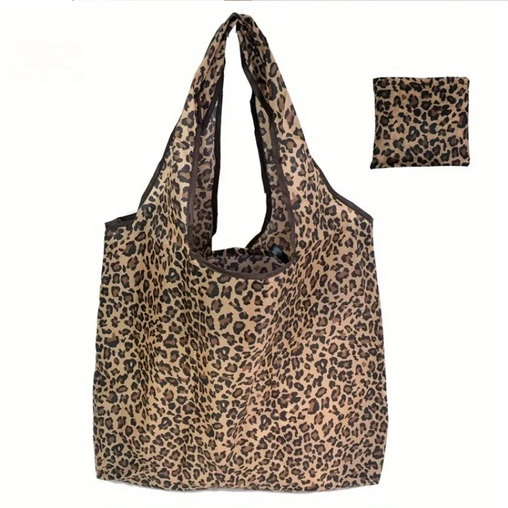 sac fourre-tout pliable à imprimé léopard – fabriqué en nylon/polyester léger et durable, avec un motif à pois marron, sac à main décontracté étanche, adapté aux voyages, aux courses, à l'usage quotidien et à une tenue