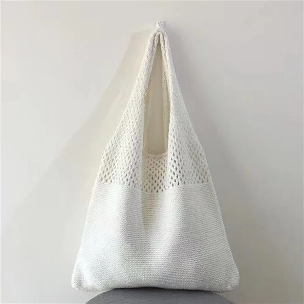 sac fourre-tout en laine tricoté de couleur unie, nom personnalisé, sac de shopping pour femmes, sac à main rétro ajouré, sacs à main doux brodés personnalisés