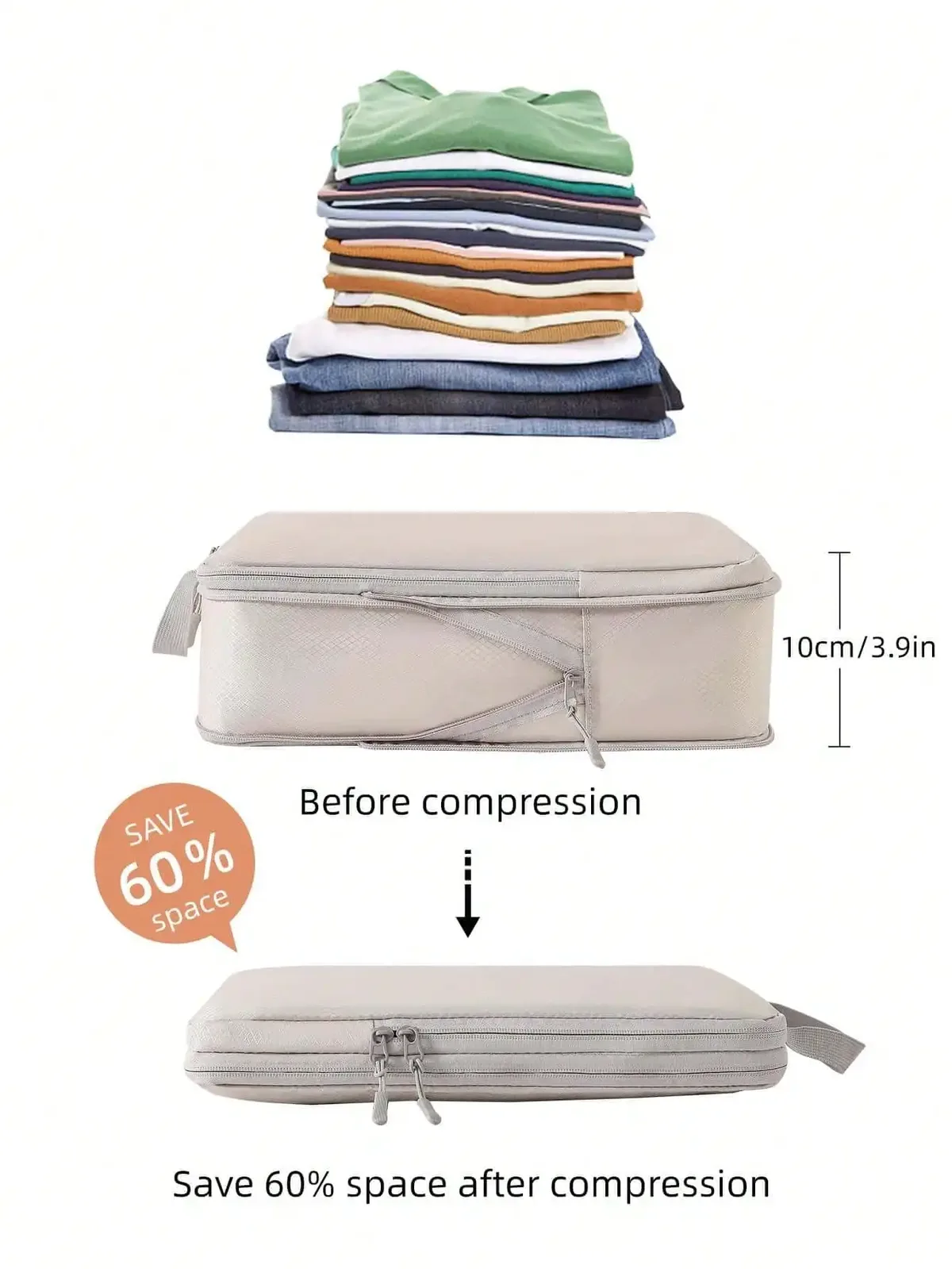 organisateur voyage polyester gris clair poignée noire fermeture glissière compressible sac chaussures rangement cube traçabilité usage polyvalent