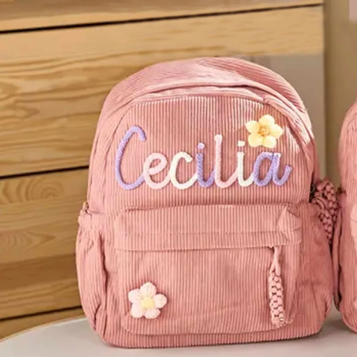 sac à dos en velours côtelé personnalisé 1 pièce, lettres brodées à la main, décorations florales/animales, cadeau idéal.