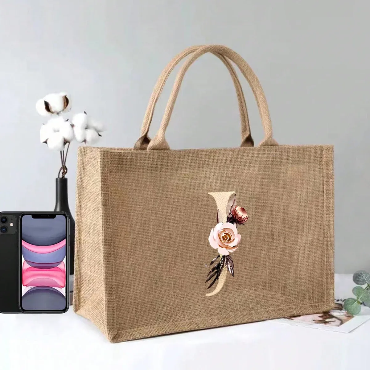 nouveau sac à main élégant en lin à motif lettres dorées, sac à main portable multifonctionnel, sac en lin, sac à main simple grande capacité, sac de rangement décontracté portable, sac de courses multifonctionnel, nouveau design, grande capacité, parfait pour le shopping