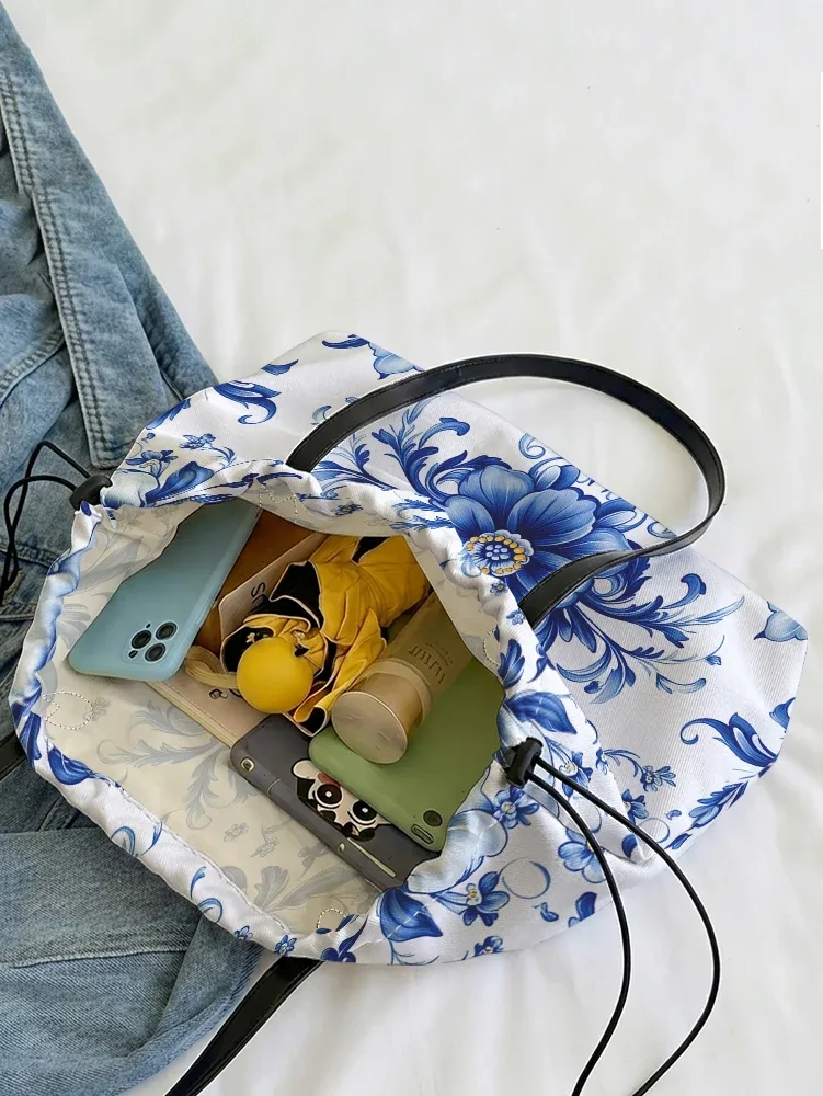 sac fourre-tout en toile à imprimé floral en porcelaine bleue et blanche, sac à bandoulière de grande capacité pour le shopping, les voyages et l'usage quotidien