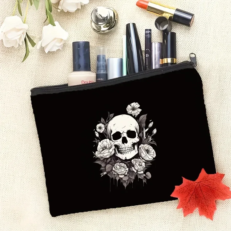 trousse de maquillage gothique à motif de rose et de crâne, pochette cosmétique portable en polyester durable, sac de voyage de grande capacité, cadeau d'halloween