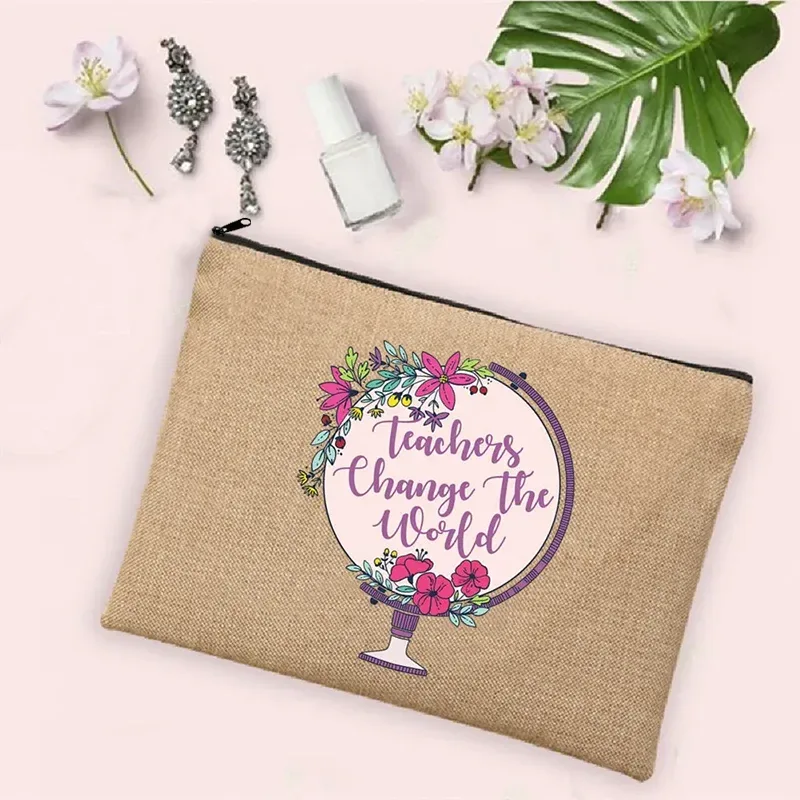 teacher change the world linen powder trousse de toilette de voyage pour femme, trousse de maquillage, cadeau de retour à l'école, sac à cosmétiques