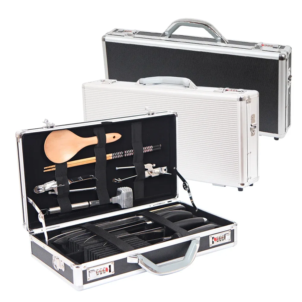 organisateur voyage aluminium noir motif carreaux poignée cadres durables protections chocs utilisation professionnelle cheveux couteaux compression