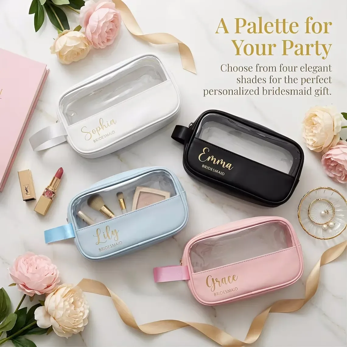 pochette cosmétique personnalisée avec nom, pochette à maquillage en feuille d'or sur mesure, organiseur de toilette de voyage, cadeau pour demoiselle d'honneur