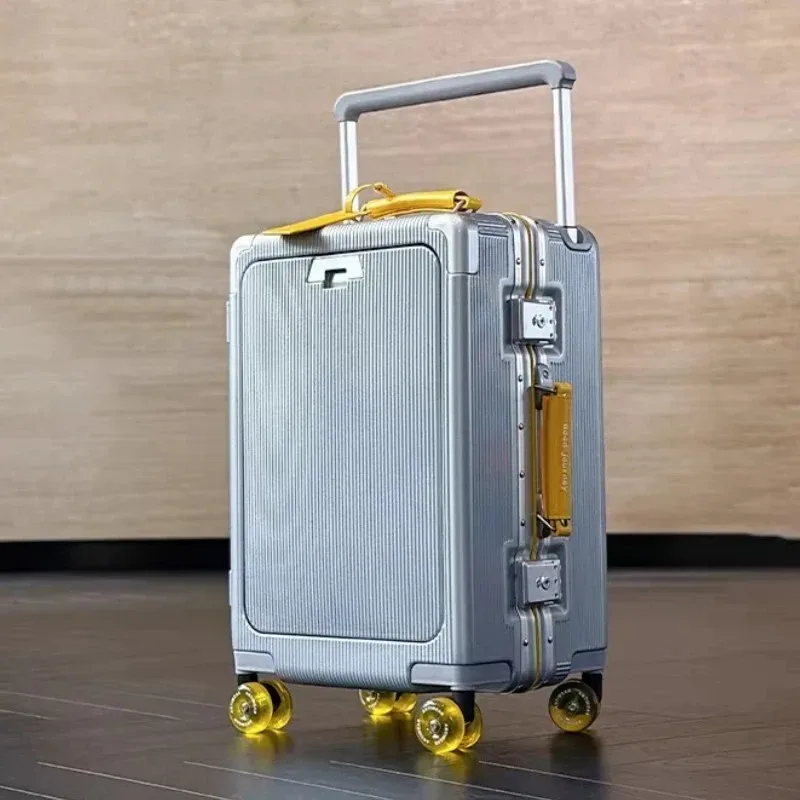 valise à roulettes de poche à ouverture avant, cadre en aluminium, valise à roulettes à poignée large avec roues silencieuses colorées et prise de chargement usb