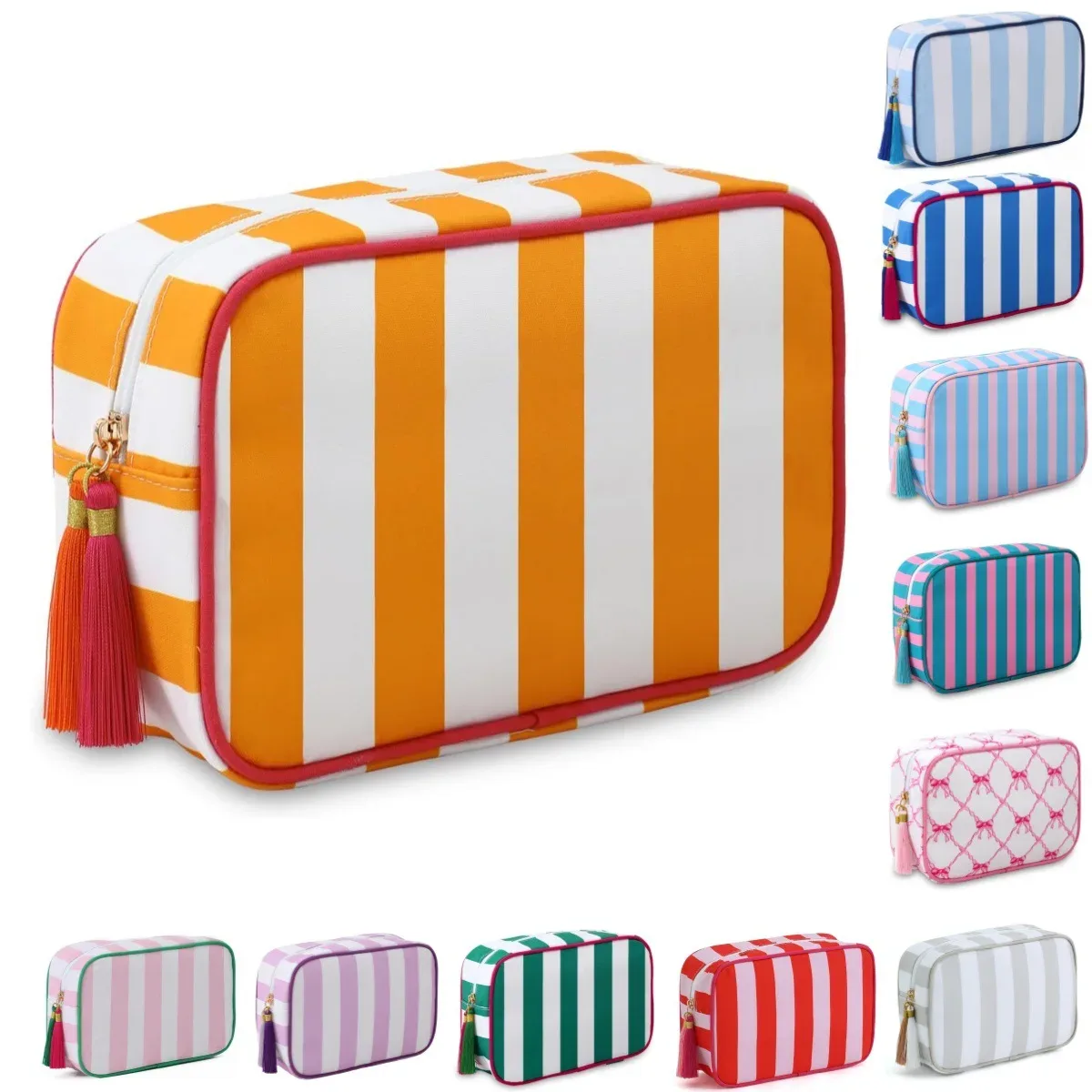 Grande trousse de maquillage portable rayée pour femmes, avec fermeture éclair et pompon, grande capacité, sac fourre-tout décontracté avec fermeture éclair