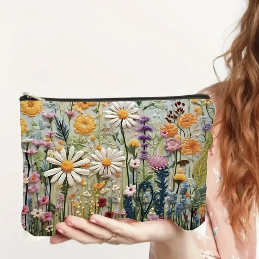 pochette de maquillage imprimée florale double face de grande capacité, organisateur de voyage, sac à main en lin pour femmes, sac de rangement de cosmétiques pour cadeau