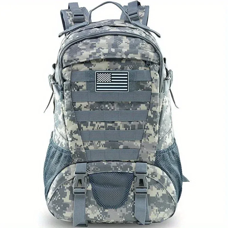 sac dos nylon béige tache camouflage pochette avant zippée banderole américaine voyage plein air randonnée camping chasse escalade
