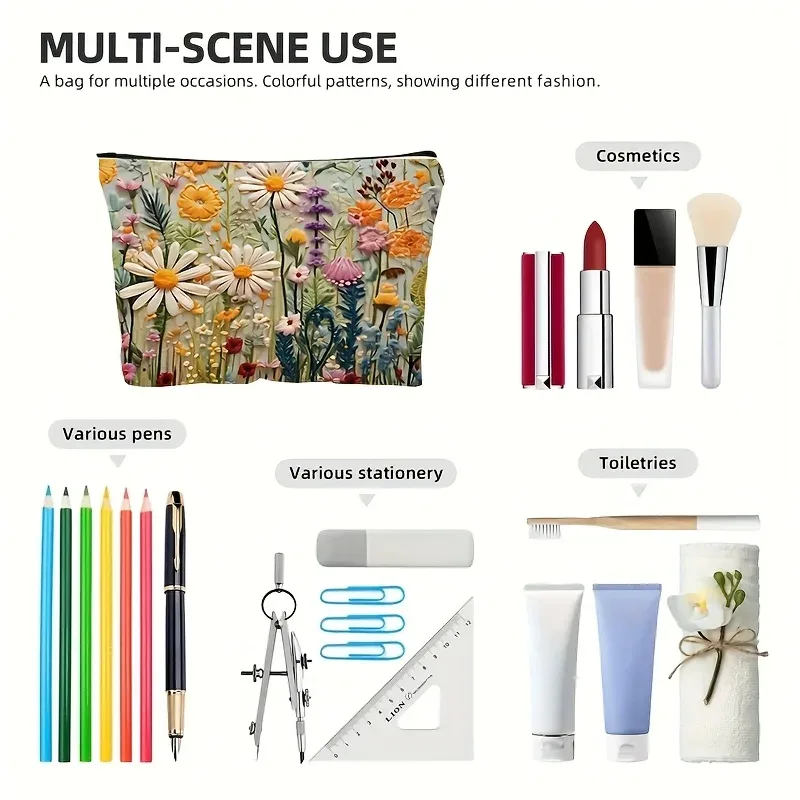 trousse de maquillage en toile florale, pochette à fermeture éclair avec doublure, organisateur de produits de toilette, marguerite, fleurs sauvages, cadeaux parfaits pour femmes, enseignants, amis