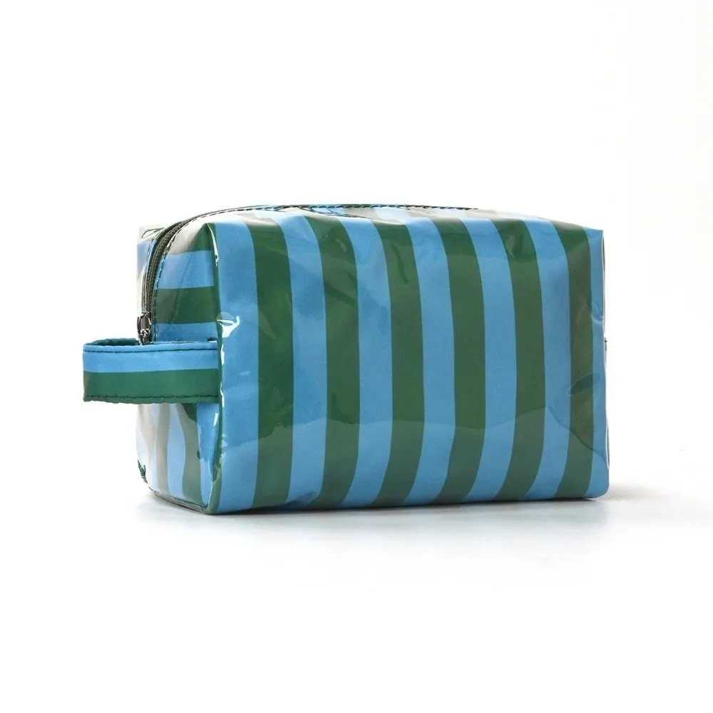 trousse de toilette imperméable rayée grande capacité rose en pvc – organisateur de maquillage portable simple pour voyage – sac de rangement cosmétique pour femme