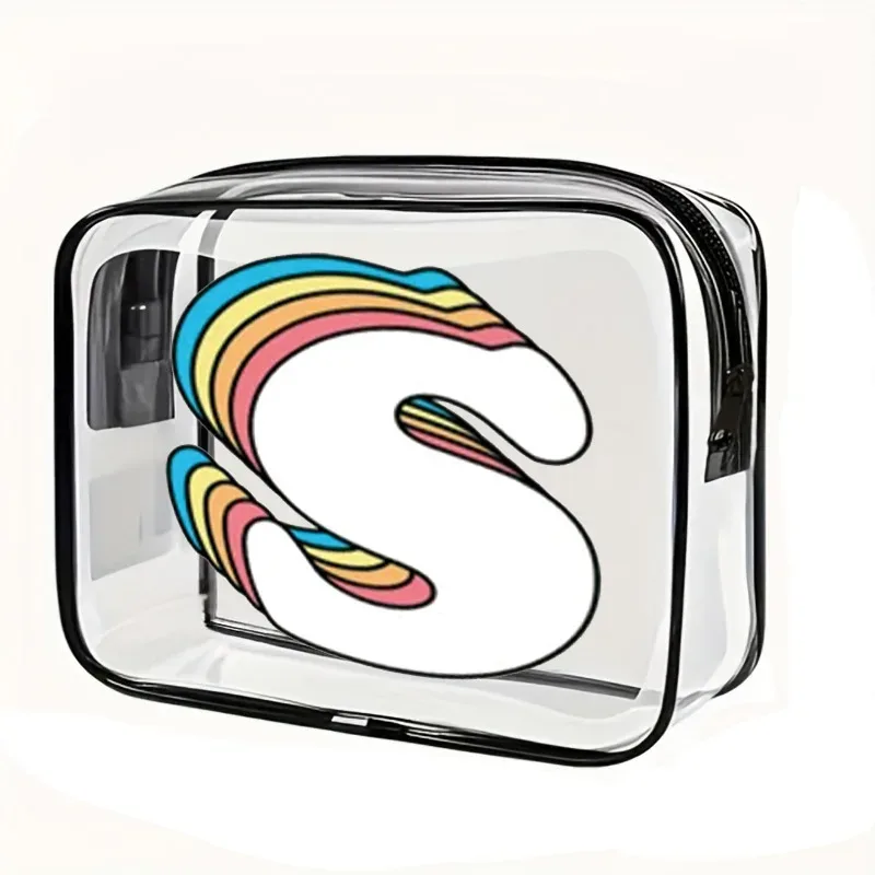 organisateur voyage cosmétiques pvc translucide poignée noire motif arcs-en-ciel lettre grande capacité format tonneau sac compression
