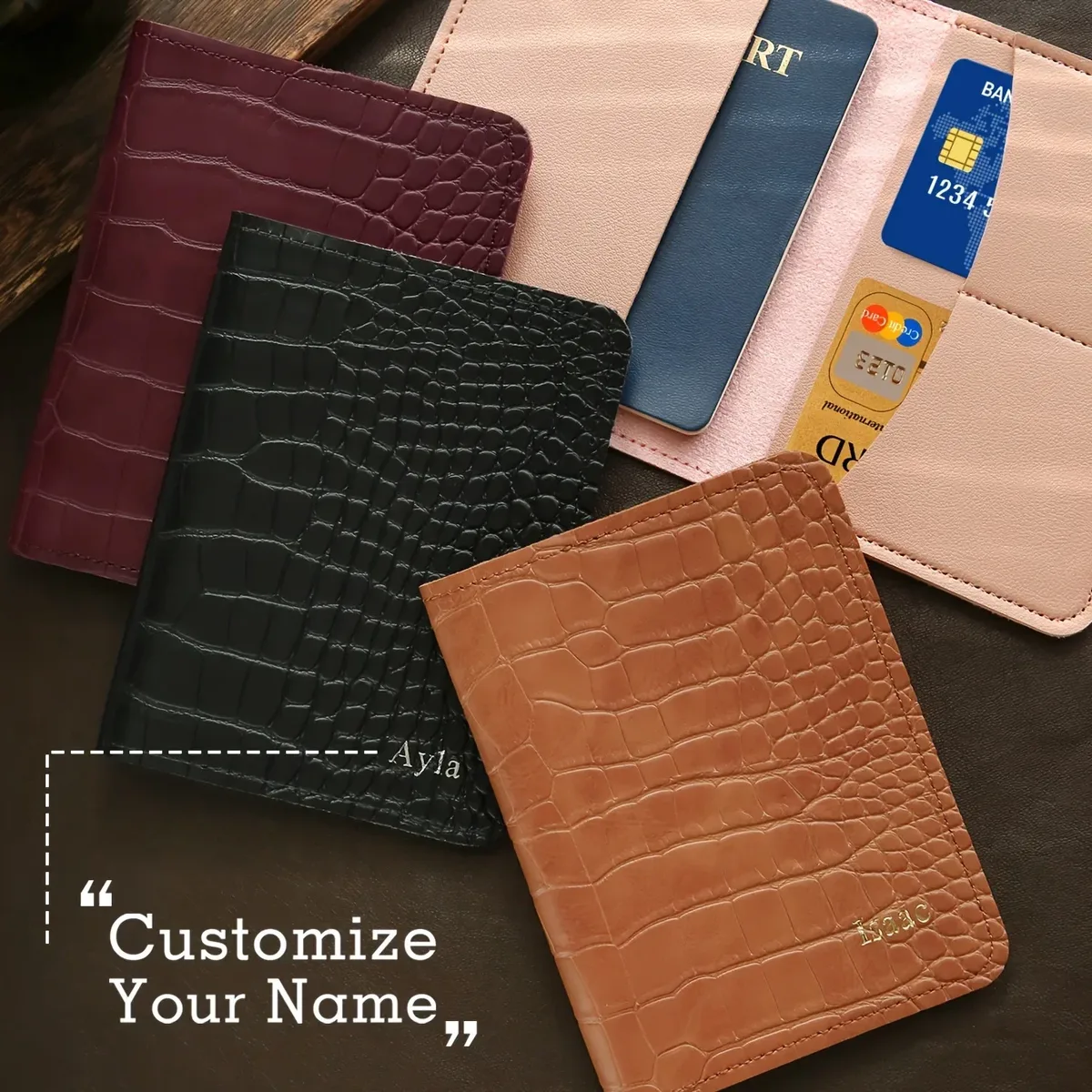 porte-passeport personnalisé avec nom, couverture de passeport personnalisée, porte-portefeuille luxueux et chic à imprimé alligator, accessoires de voyage, 1 pièce