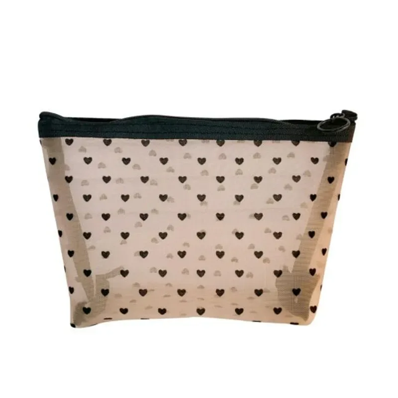 sacs de maquillage cosmétiques en maille, porte-étui, fermeture éclair transparente, mignon, noir, cœur imprimé, trousse à crayons, pochette pratique à transporter