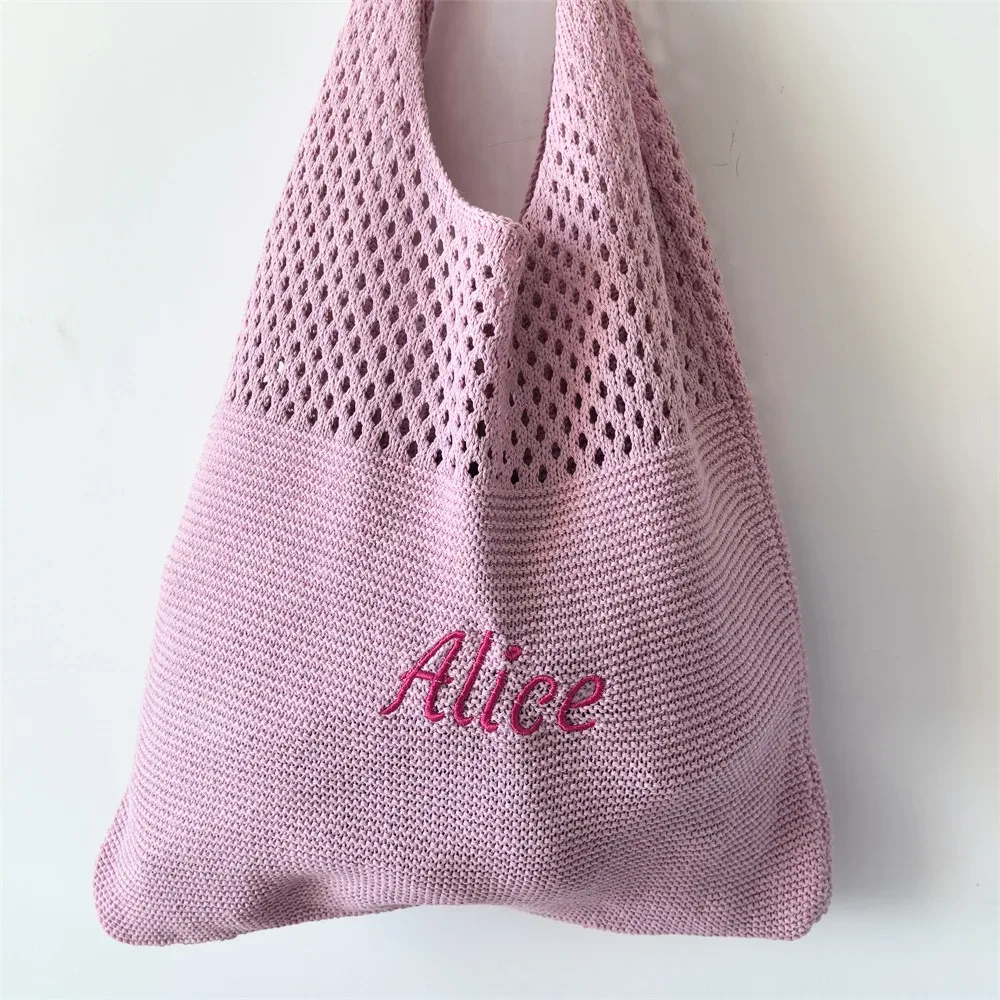 sac fourre-tout en laine tricoté de couleur unie, nom personnalisé, sac de shopping pour femmes, sac à main rétro ajouré, sacs à main doux brodés personnalisés