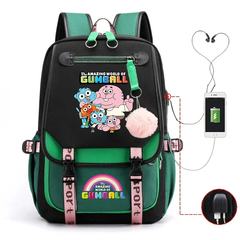 sacs d'école pour adolescentes, sac à dos imprimé the amazing world of gumball, sac à dos de voyage de grande capacité avec port usb