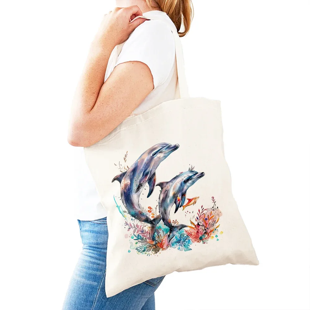 sac fourre-tout léger pour femme, motif baleine, dauphin, monde marin, sac de shopping pour fille, sac à main double impression monde des requins, sacs de shopping pour femme