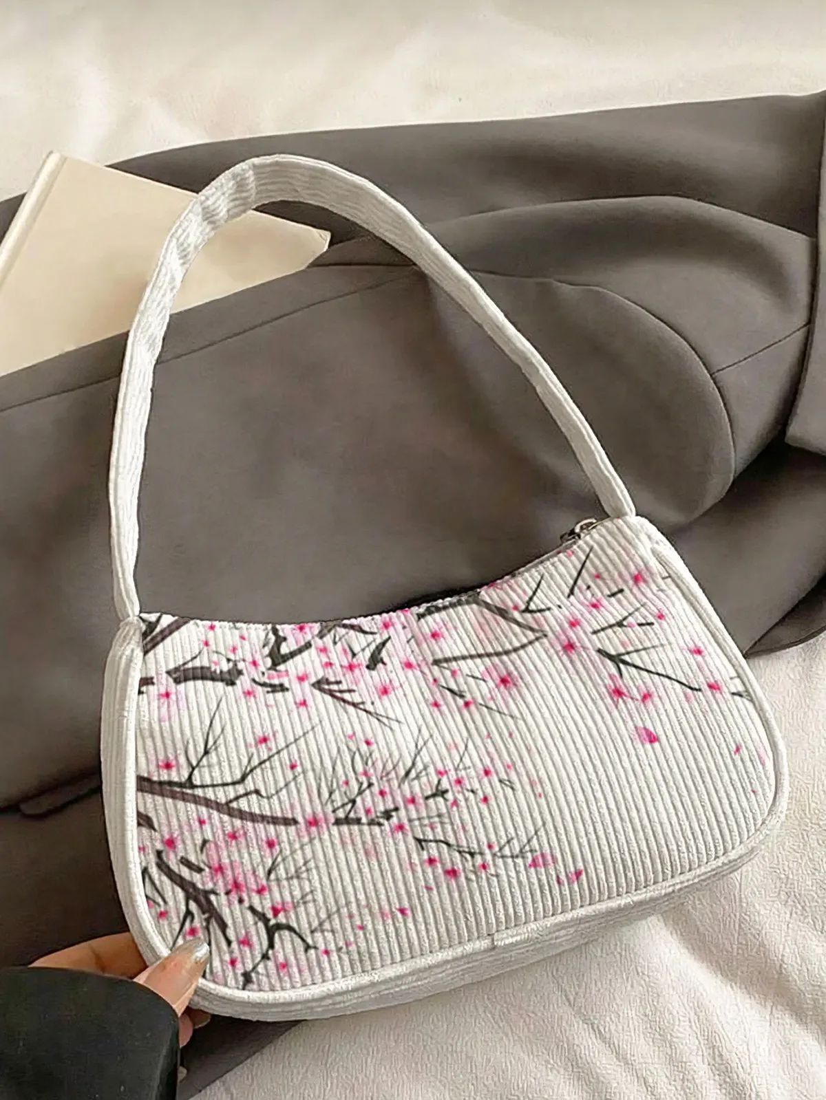 sac à bandoulière tendance à imprimé fleurs de cerisier, sac sous le bras en velours côtelé beige pour un usage quotidien décontracté