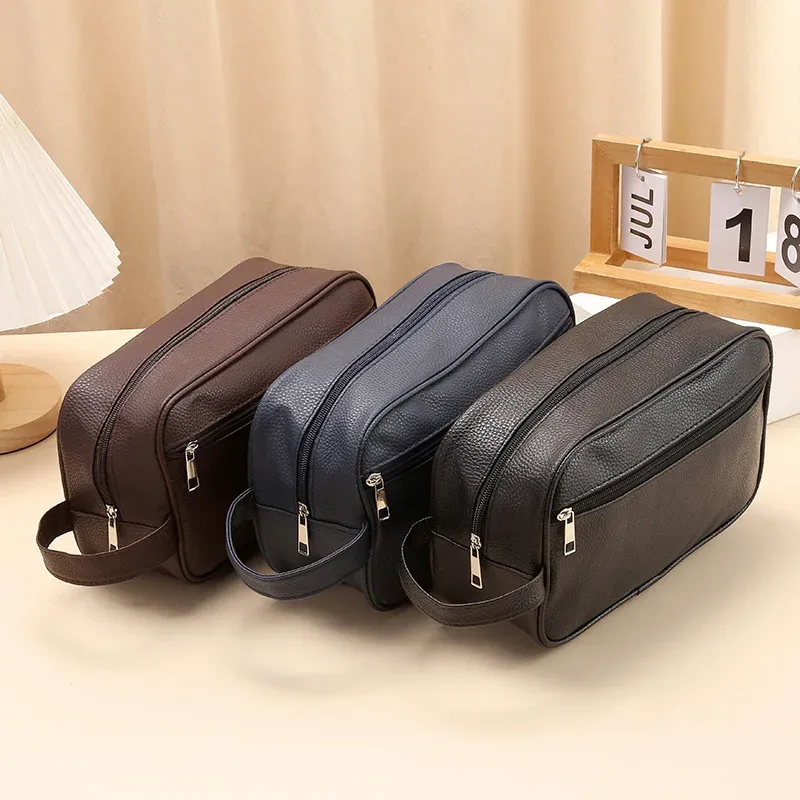 trousse à cosmétiques de voyage en cuir pu pour hommes, sacs de maquillage à fermeture éclair, trousse de toilette de grande capacité, évaluation des poudres de stockage de cosmétiques, nouveau